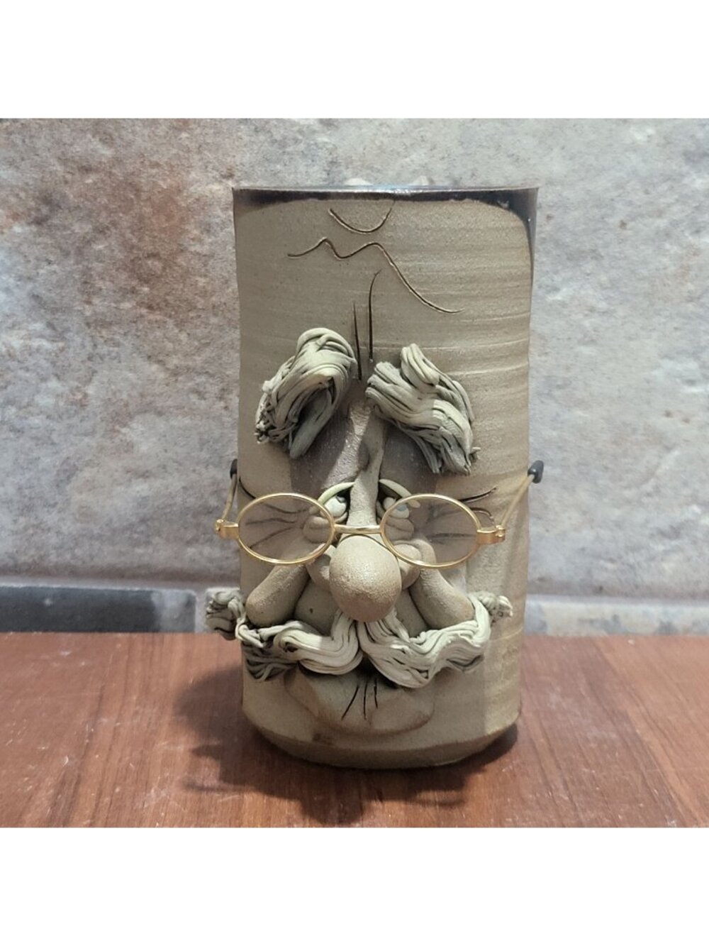 Handmade Clay Face Jug Mug Whimsical Bearded Old Man Wire Glasses Folk Art 3D